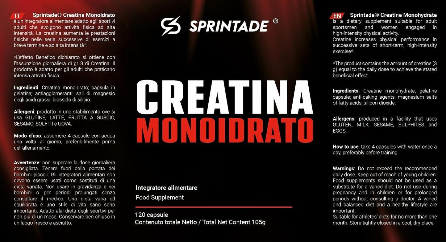 CREATINE MONOHYDRATE - 120 Capsules - 3G Daily Dose - Food Supplement for Sports, Fitness, Bodybuilding, Cycling, Training
