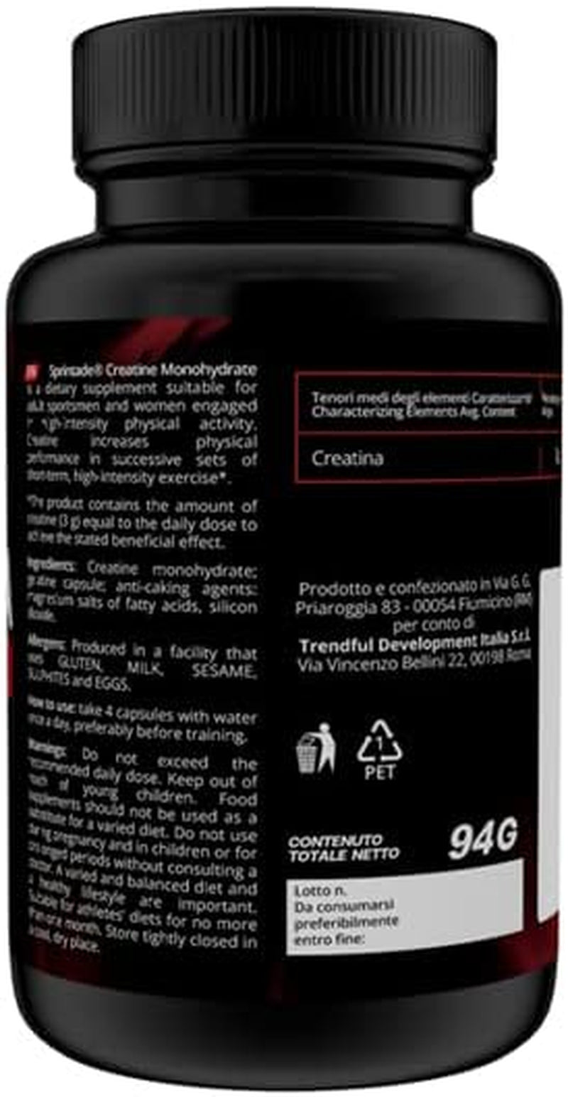 CREATINE MONOHYDRATE - 120 Capsules - 3G Daily Dose - Food Supplement for Sports, Fitness, Bodybuilding, Cycling, Training