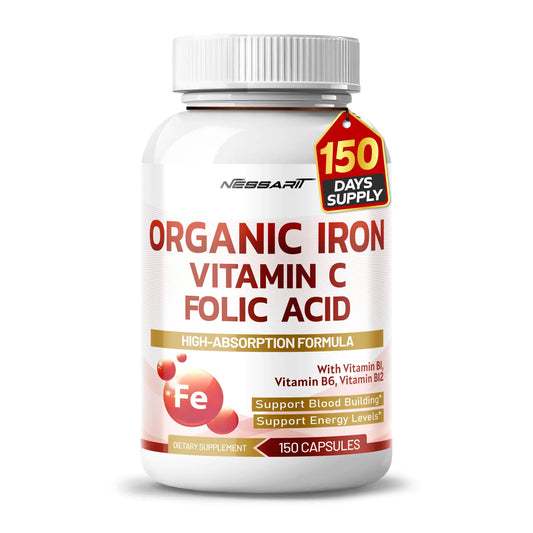 NESSARIT Organic Iron High Potency with Vitamin C Folic Acid - High-Absorption Formula Vitamin B1 Vitamin B6 Vitamin B12 - Support Blood Building - 150 Count - Made & Tested in The USA
